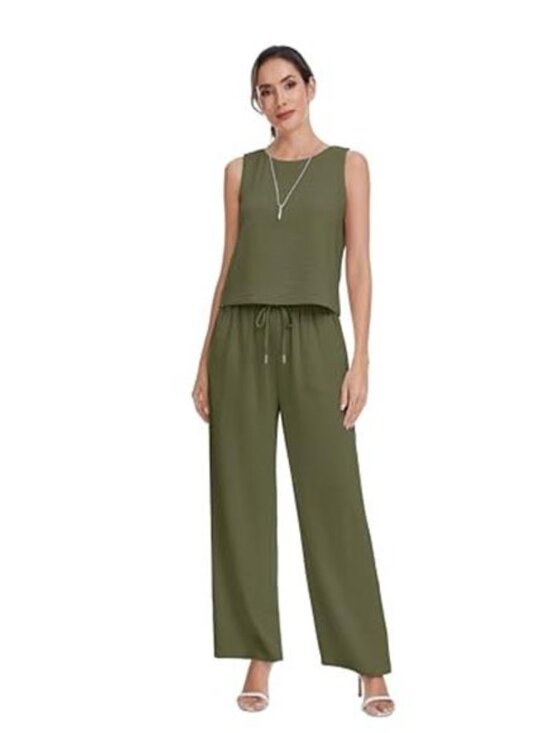 Women's Summer Two Piece Set Button Back Tank Top Flowy Beach Pants - Picture 4 of 7